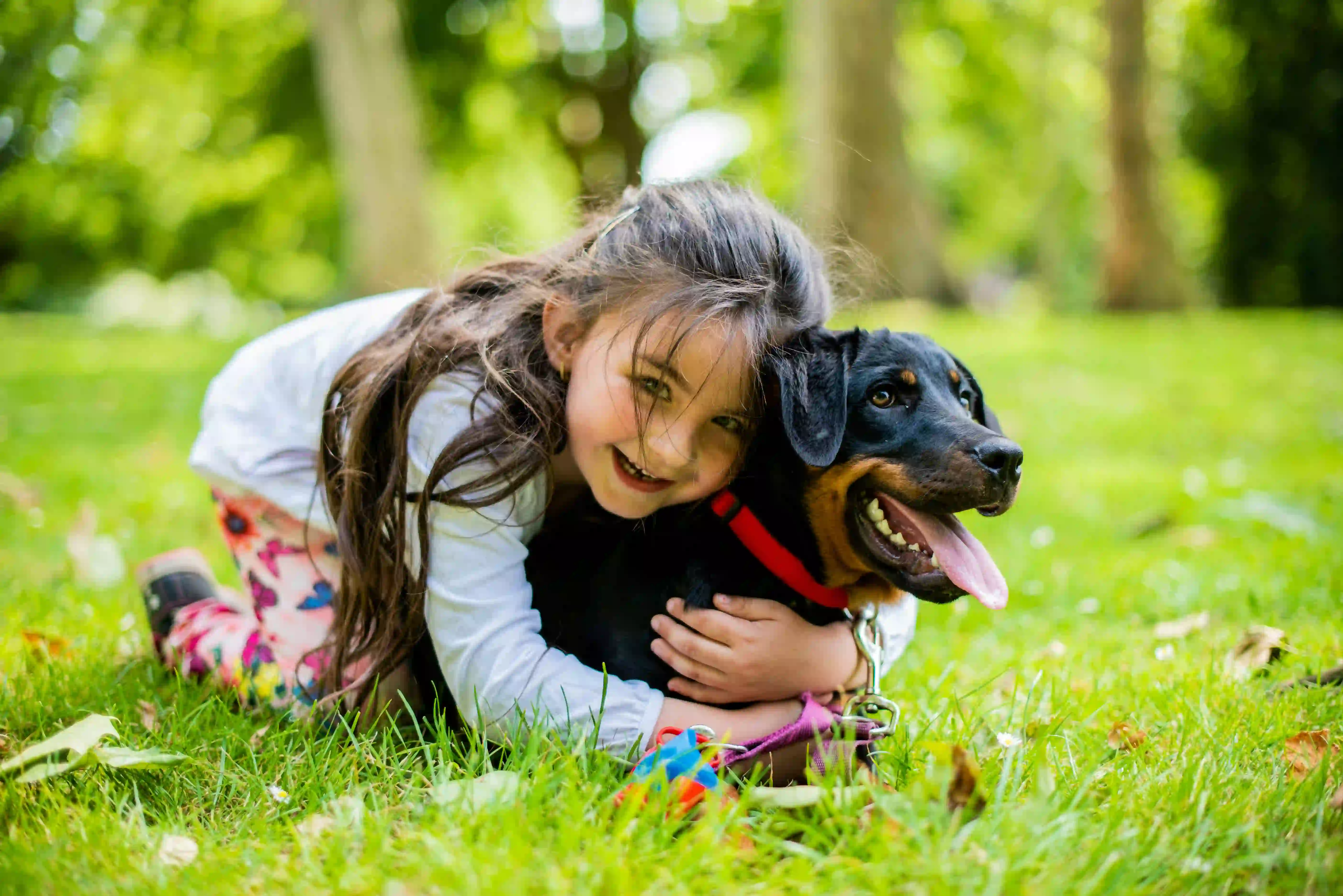 A young girl laughing as she hugs a dog closely while lying in the grass